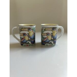 Vintage Takahashi San Francisco Toucan Wildlife Mug Set Hand Painted Ceramic